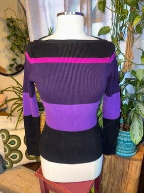 Lauren Ralph Lauren Black, Purple & Pink Striped Off-the-Shoulder Sweater